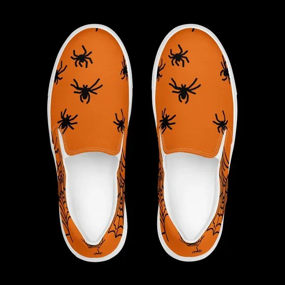 women's slip-on spider canvas shoes orange & black Halloween  fall spiderweb - Picture 5 of 14